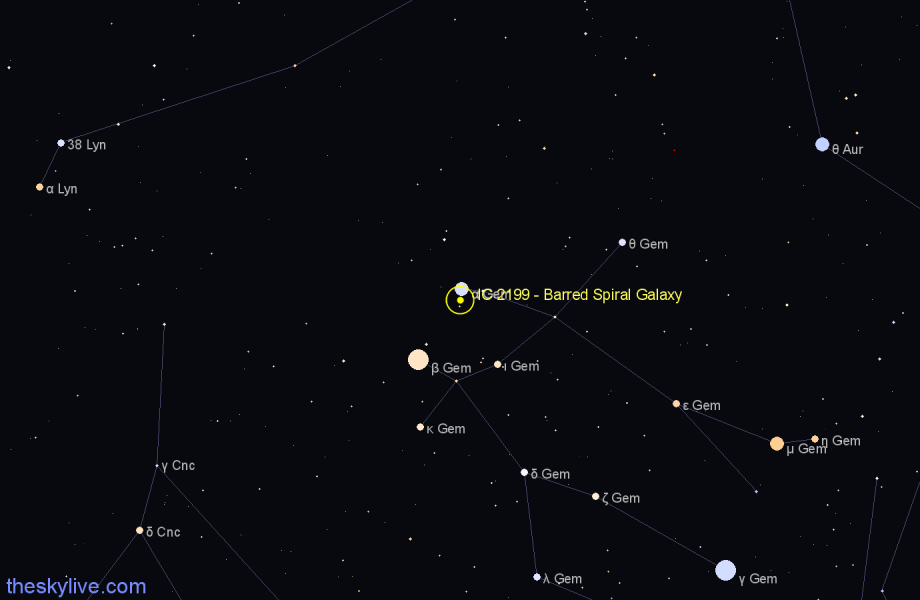 Finder chart IC 2199 - Barred Spiral Galaxy in Gemini star
