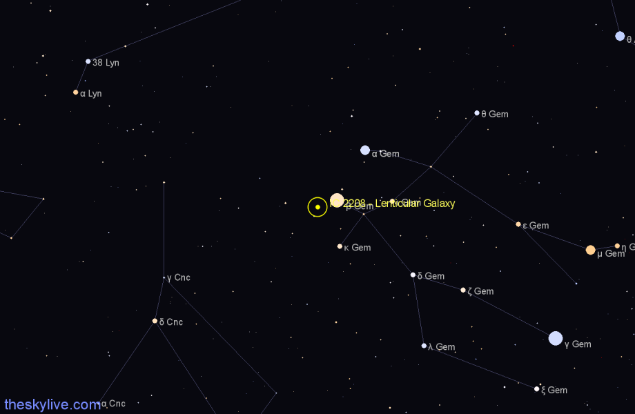 Finder chart IC 2208 - Lenticular Galaxy in Gemini star