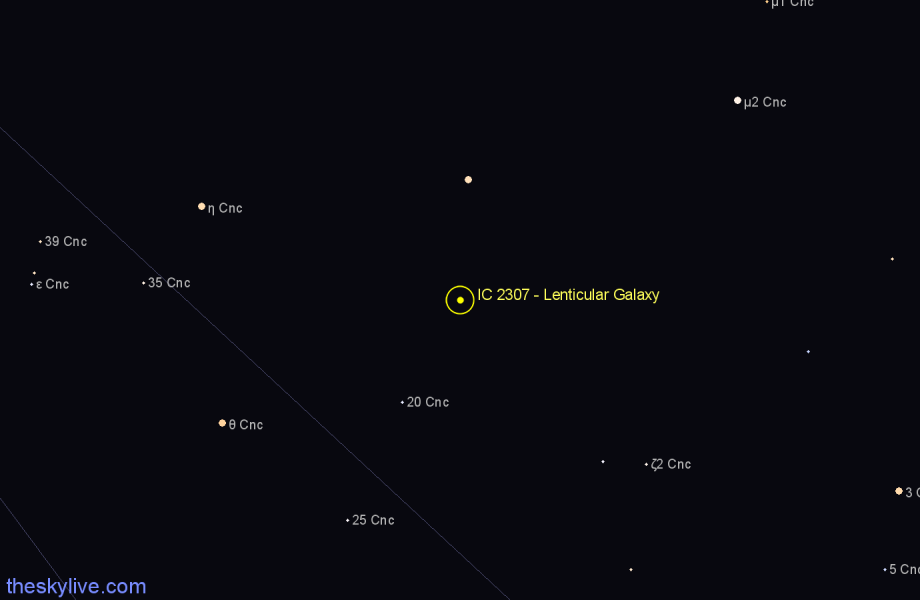 Finder chart IC 2307 - Lenticular Galaxy in Cancer star