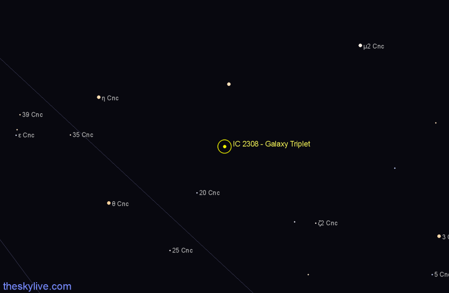 Finder chart IC 2308 - Galaxy Triplet in Cancer star