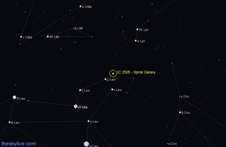 Finder chart IC 2505 - Spiral Galaxy in Leo star