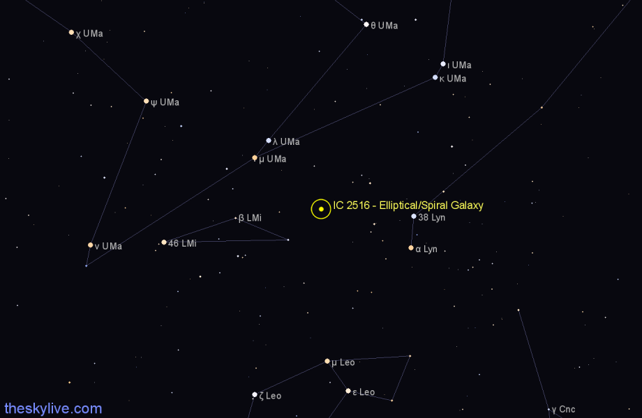 Finder chart IC 2516 - Elliptical/Spiral Galaxy in Leo Minor star
