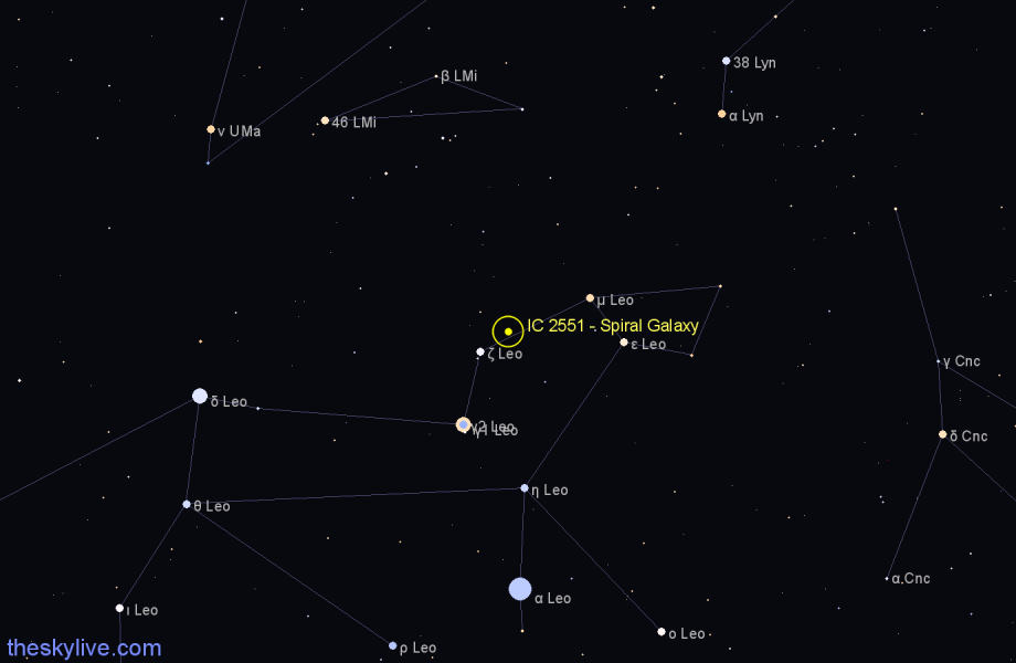 Finder chart IC 2551 - Spiral Galaxy in Leo star