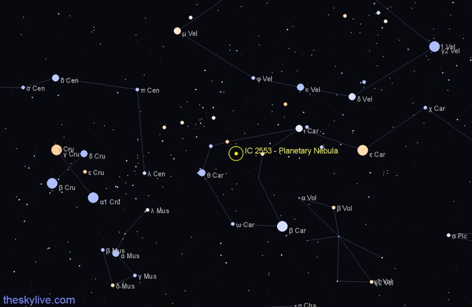 Finder chart IC 2553 - Planetary Nebula in Carina star