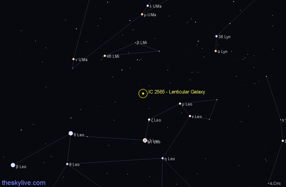 Finder chart IC 2565 - Lenticular Galaxy in Leo star