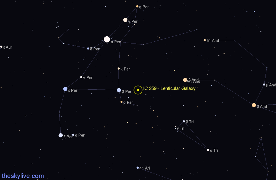 Finder chart IC 259 - Lenticular Galaxy in Perseus star