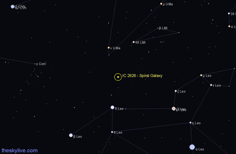 Finder chart IC 2626 - Spiral Galaxy in Leo star