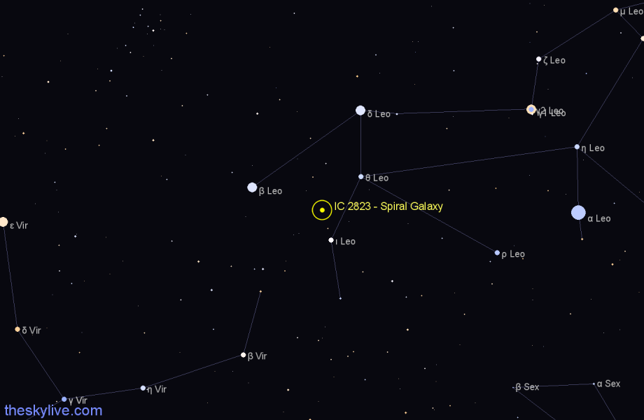 Finder chart IC 2823 - Spiral Galaxy in Leo star