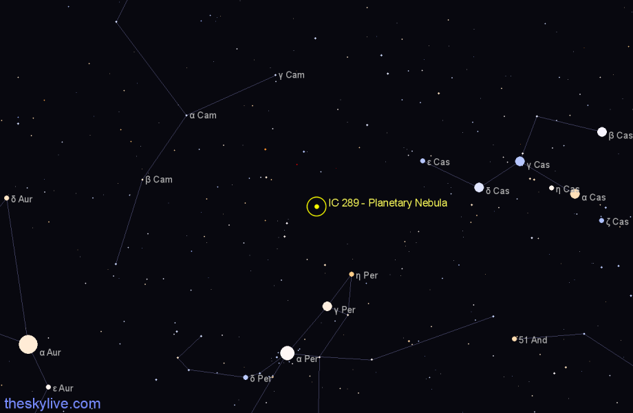 Finder chart IC 289 - Planetary Nebula in Cassiopeia star