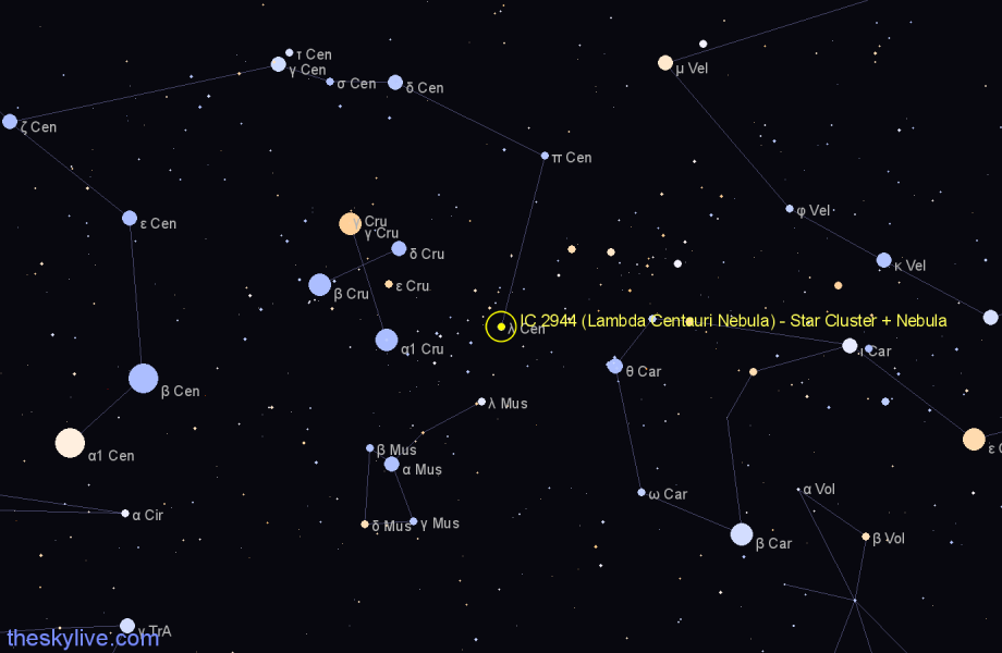 Finder chart IC 2944 (Lambda Centauri Nebula) - Star Cluster + Nebula in Centaurus star