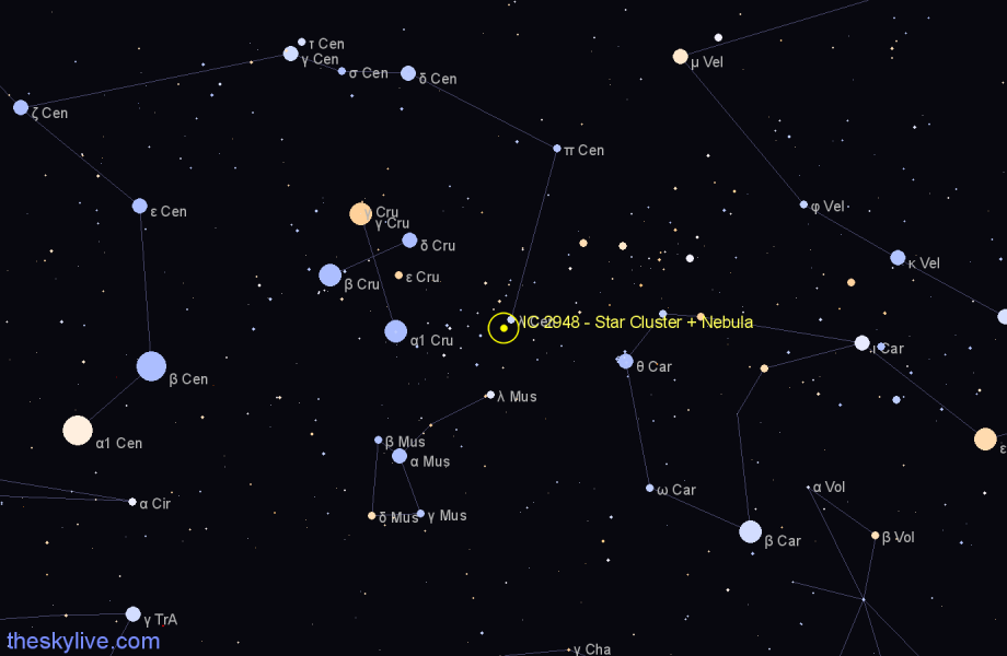 Finder chart IC 2948 - Star Cluster + Nebula in Centaurus star