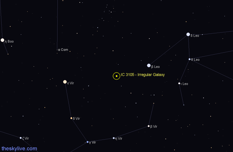 Finder chart IC 3105 - Irregular Galaxy in Virgo star