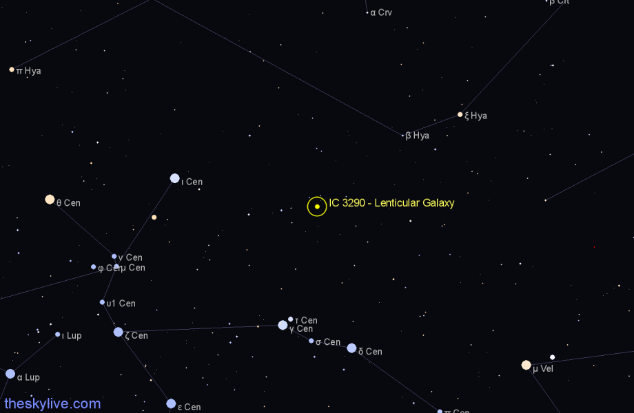 Finder chart IC 3290 - Lenticular Galaxy in Centaurus star