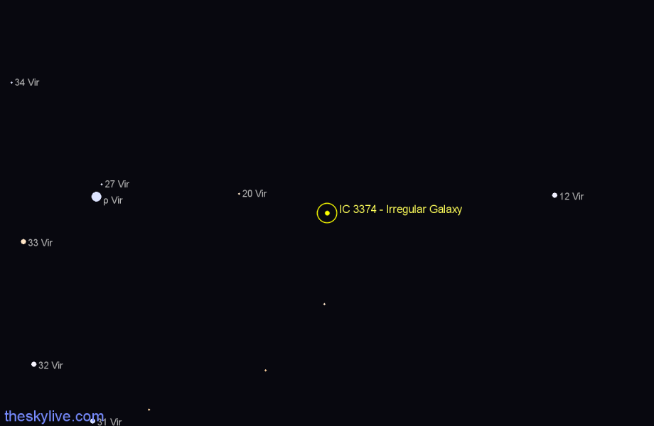 Finder chart IC 3374 - Irregular Galaxy in Virgo star