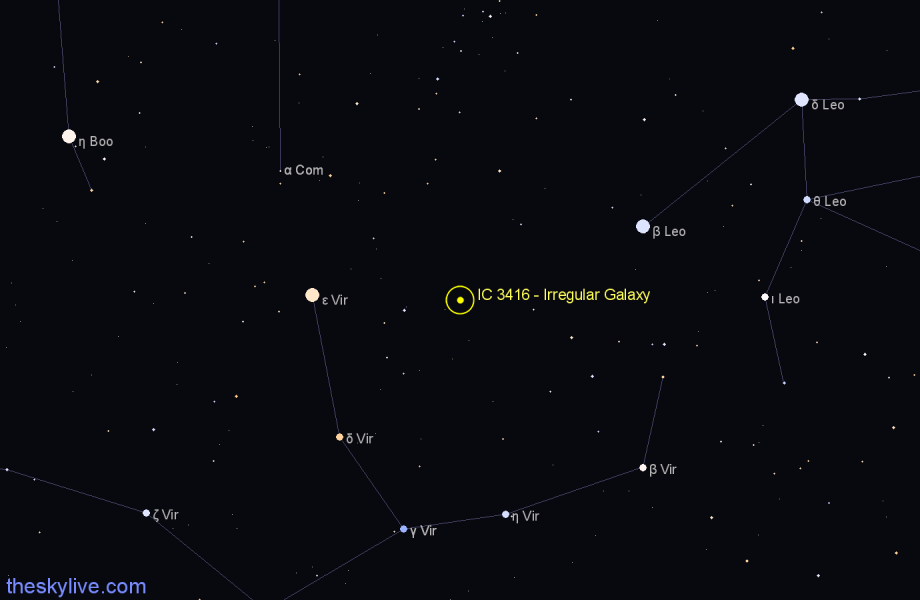 Finder chart IC 3416 - Irregular Galaxy in Virgo star