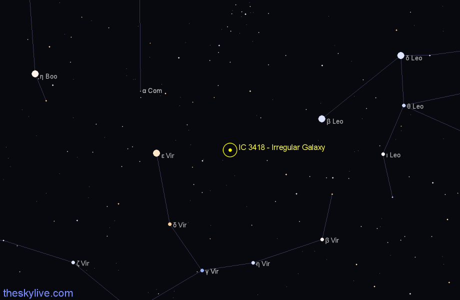 Finder chart IC 3418 - Irregular Galaxy in Virgo star