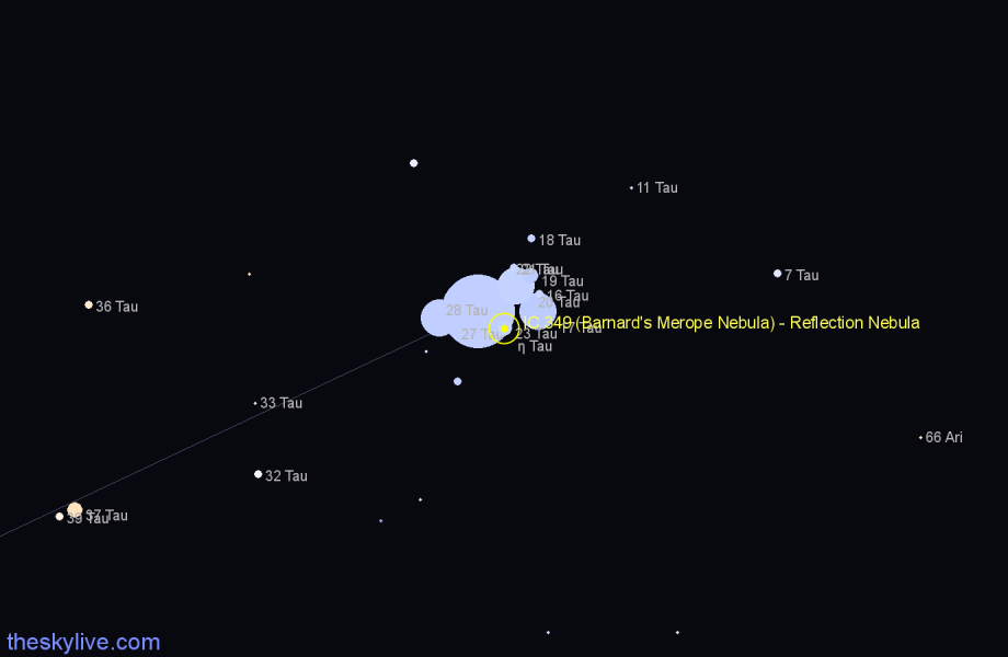Finder chart IC 349 (Barnard's Merope Nebula) - Reflection Nebula in Taurus star