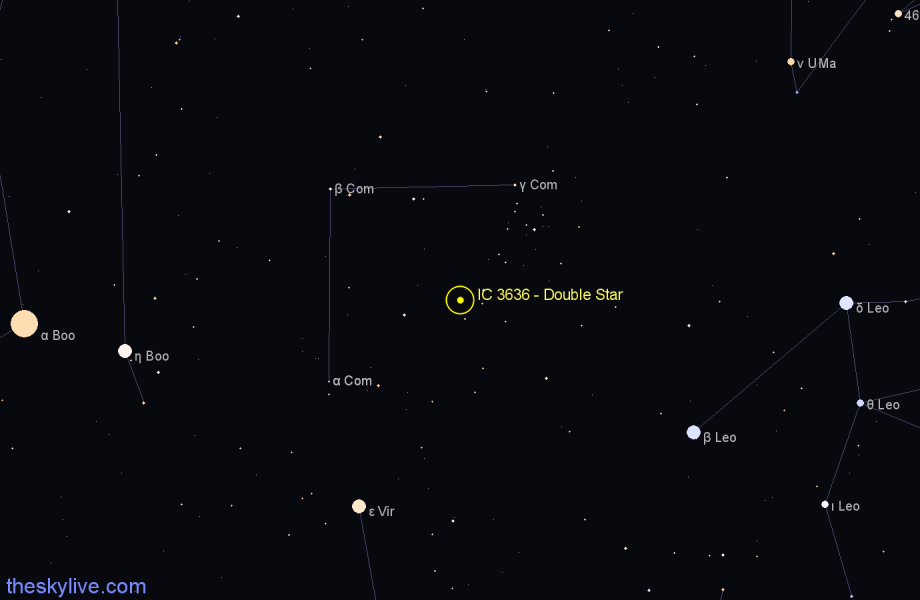 Finder chart IC 3636 - Double Star in Coma Berenices star