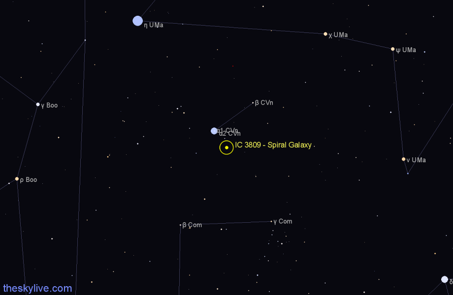 Finder chart IC 3809 - Spiral Galaxy in Canes Venatici star