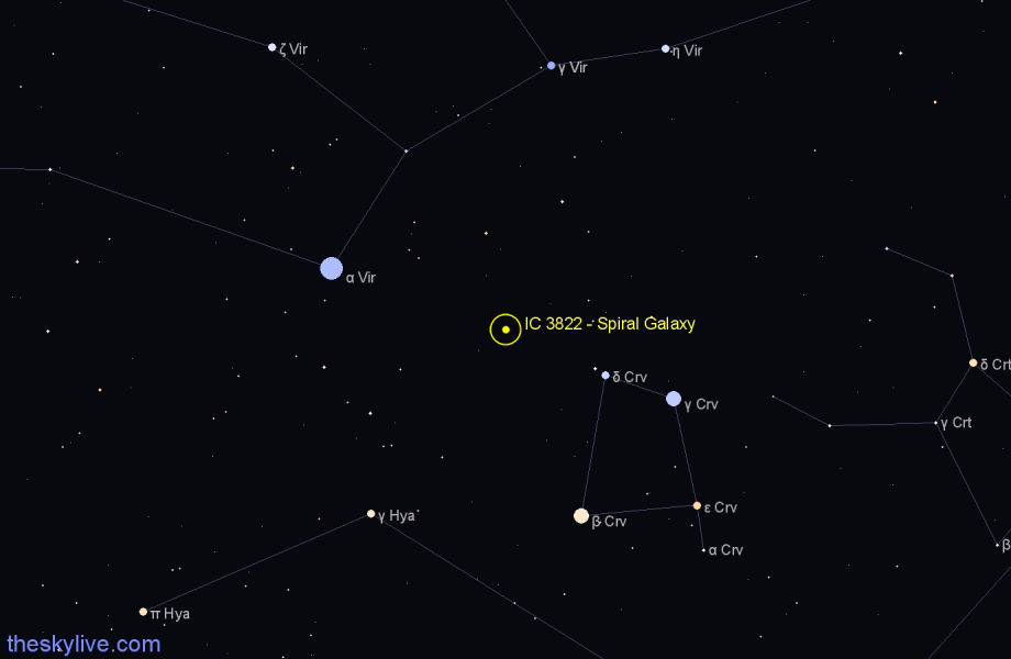 Finder chart IC 3822 - Spiral Galaxy in Corvus star