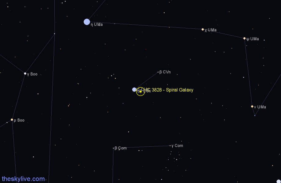 Finder chart IC 3828 - Spiral Galaxy in Canes Venatici star