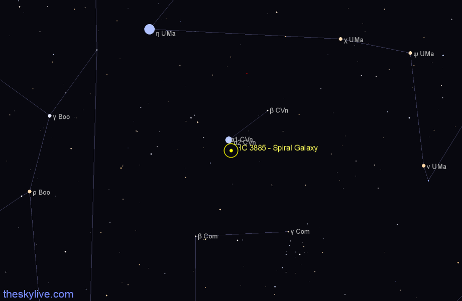 Finder chart IC 3885 - Spiral Galaxy in Canes Venatici star