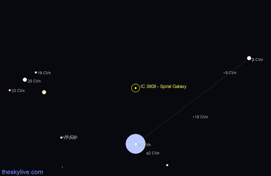 Finder chart IC 3909 - Spiral Galaxy in Canes Venatici star