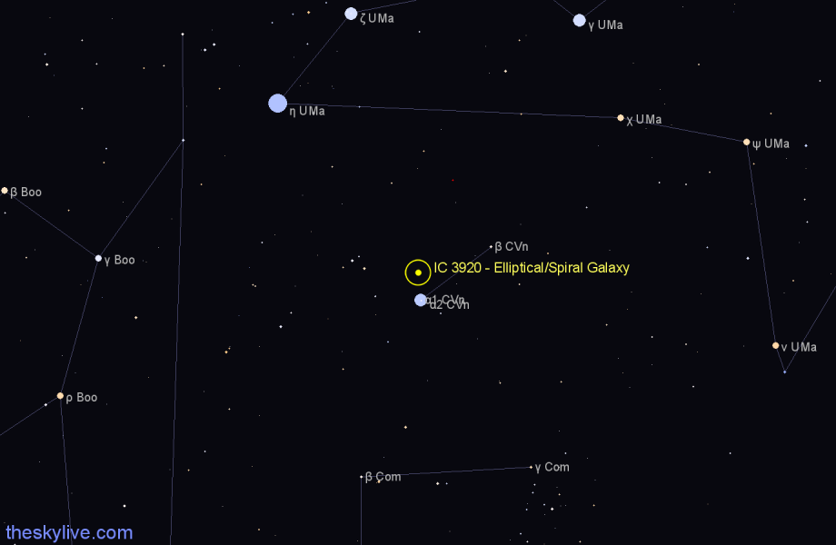 Finder chart IC 3920 - Elliptical/Spiral Galaxy in Canes Venatici star