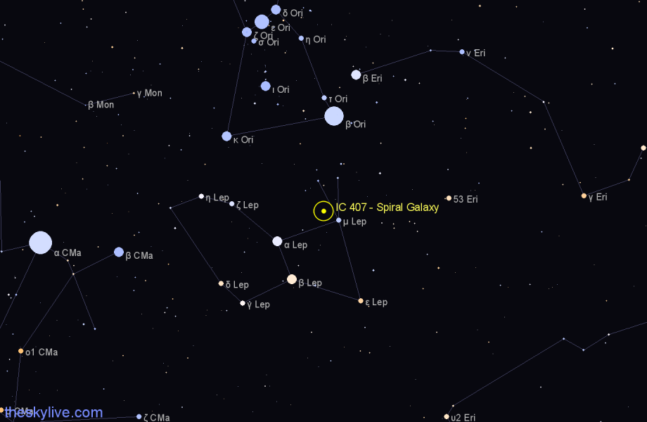 Finder chart IC 407 - Spiral Galaxy in Lepus star