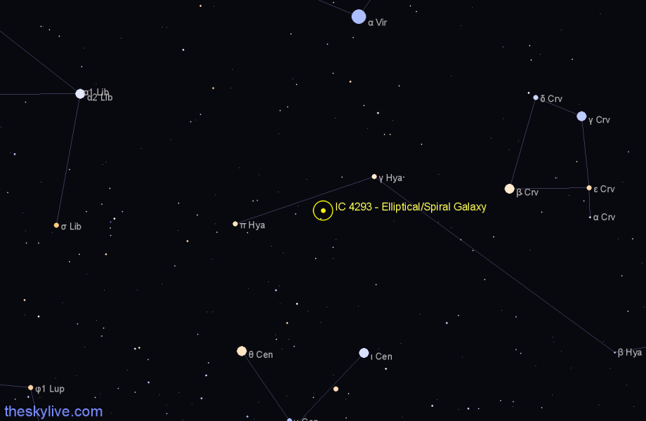 Finder chart IC 4293 - Elliptical/Spiral Galaxy in Hydra star