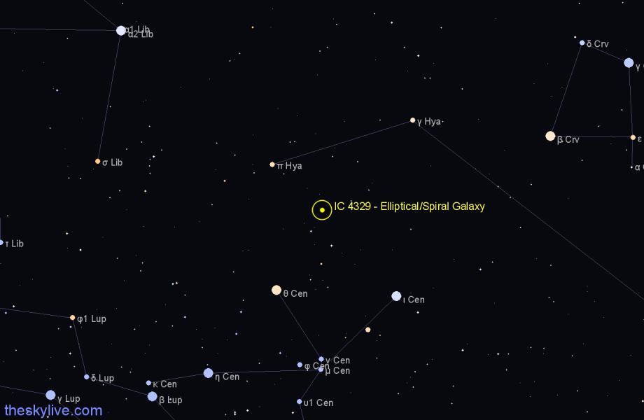 Finder chart IC 4329 - Elliptical/Spiral Galaxy in Centaurus star