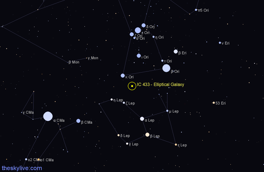 Finder chart IC 433 - Elliptical Galaxy in Lepus star