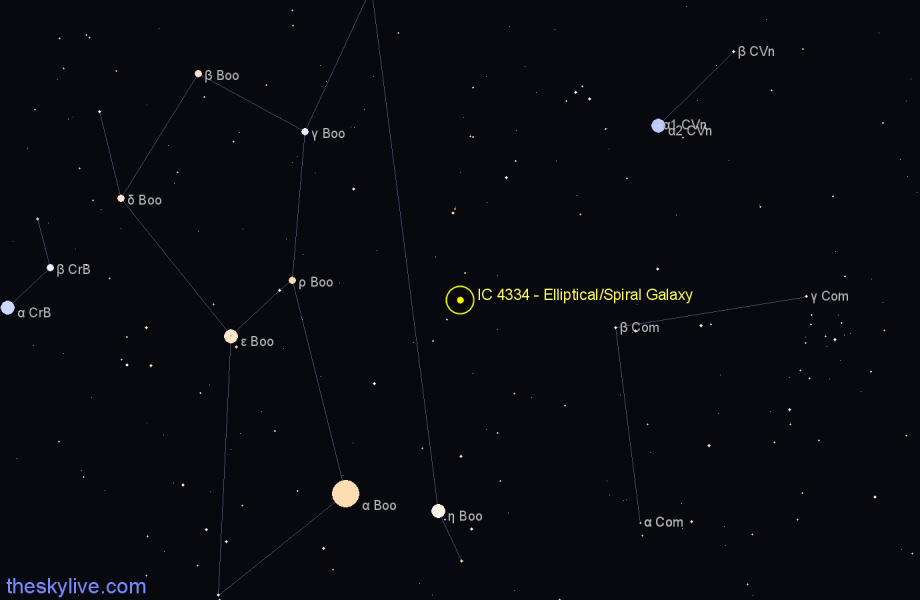 Finder chart IC 4334 - Elliptical/Spiral Galaxy in Canes Venatici star