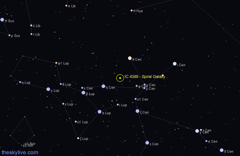 Finder chart IC 4389 - Spiral Galaxy in Centaurus star