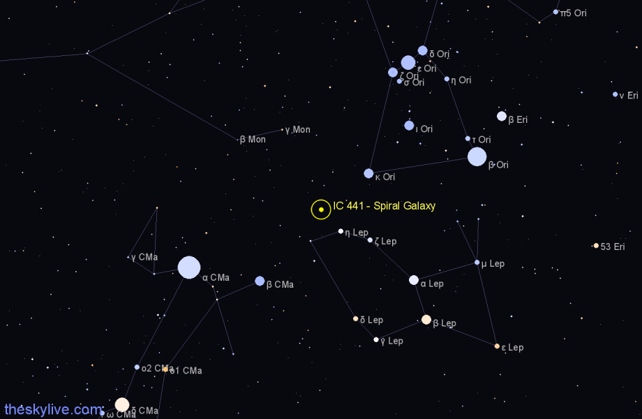 Finder chart IC 441 - Spiral Galaxy in Lepus star