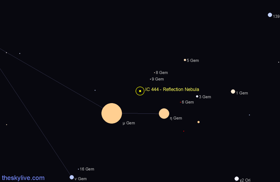 Finder chart IC 444 - Reflection Nebula in Gemini star