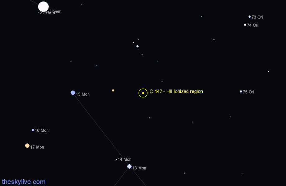 Finder chart IC 447 - HII Ionized region in Monoceros star