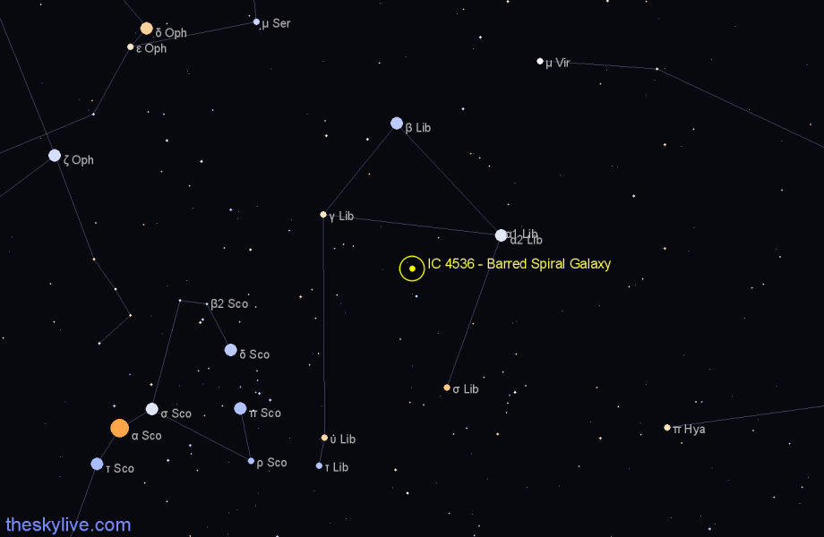 Finder chart IC 4536 - Barred Spiral Galaxy in Libra star