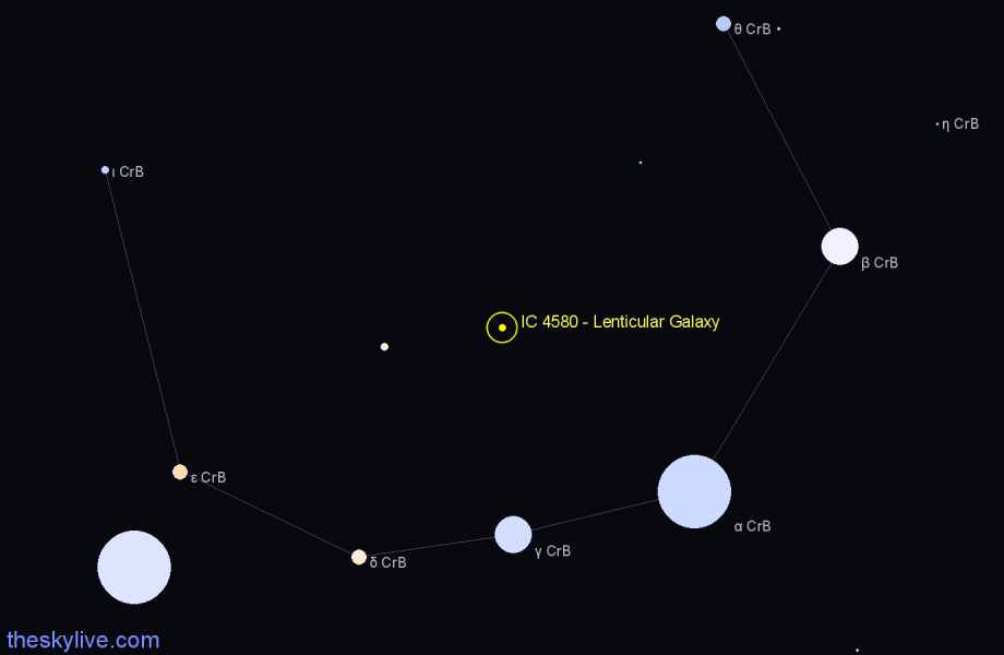 Finder chart IC 4580 - Lenticular Galaxy in Corona Borealis star