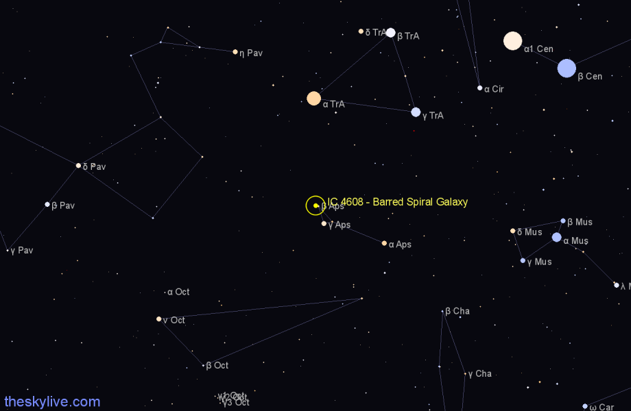 Finder chart IC 4608 - Barred Spiral Galaxy in Apus star