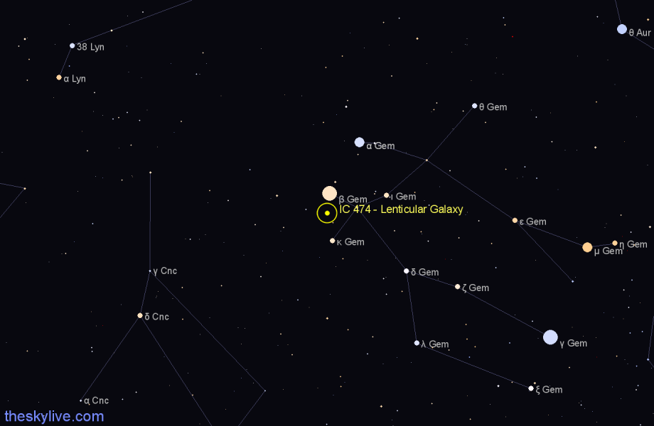 Finder chart IC 474 - Lenticular Galaxy in Gemini star
