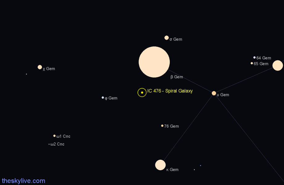 Finder chart IC 476 - Spiral Galaxy in Gemini star