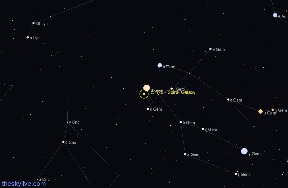 Finder chart IC 476 - Spiral Galaxy in Gemini star