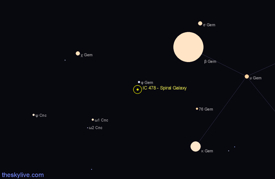 Finder chart IC 478 - Spiral Galaxy in Gemini star