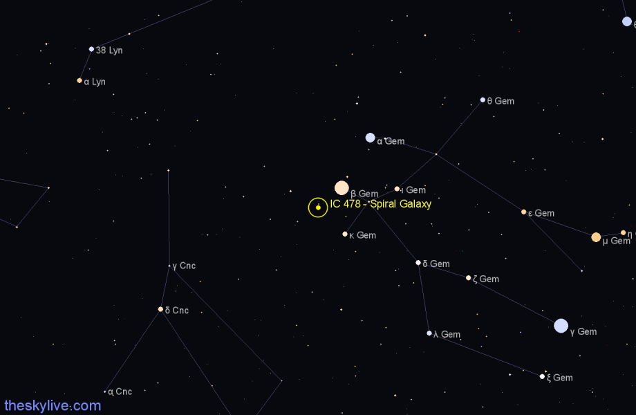Finder chart IC 478 - Spiral Galaxy in Gemini star