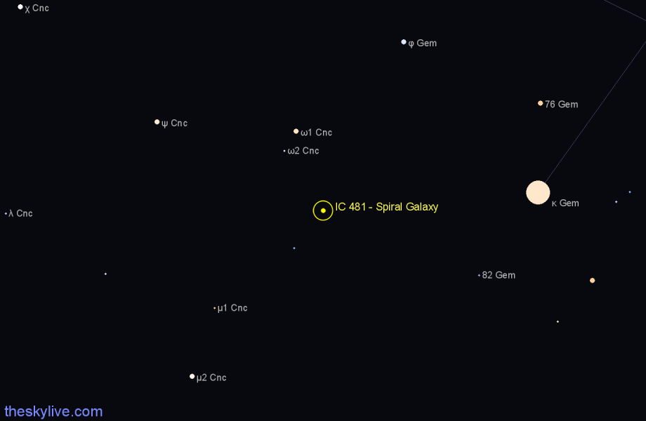 Finder chart IC 481 - Spiral Galaxy in Gemini star