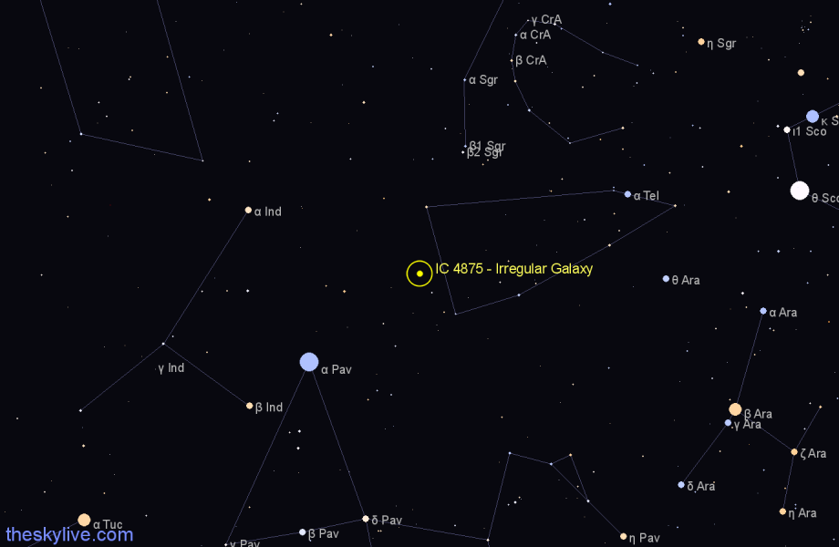 Finder chart IC 4875 - Irregular Galaxy in Telescopium star