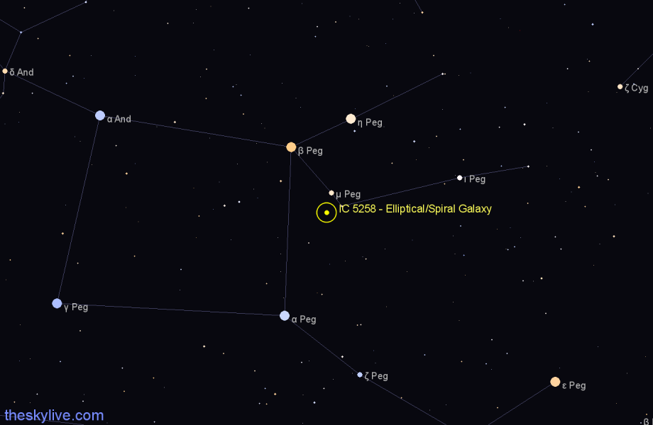 Finder chart IC 5258 - Elliptical/Spiral Galaxy in Pegasus star