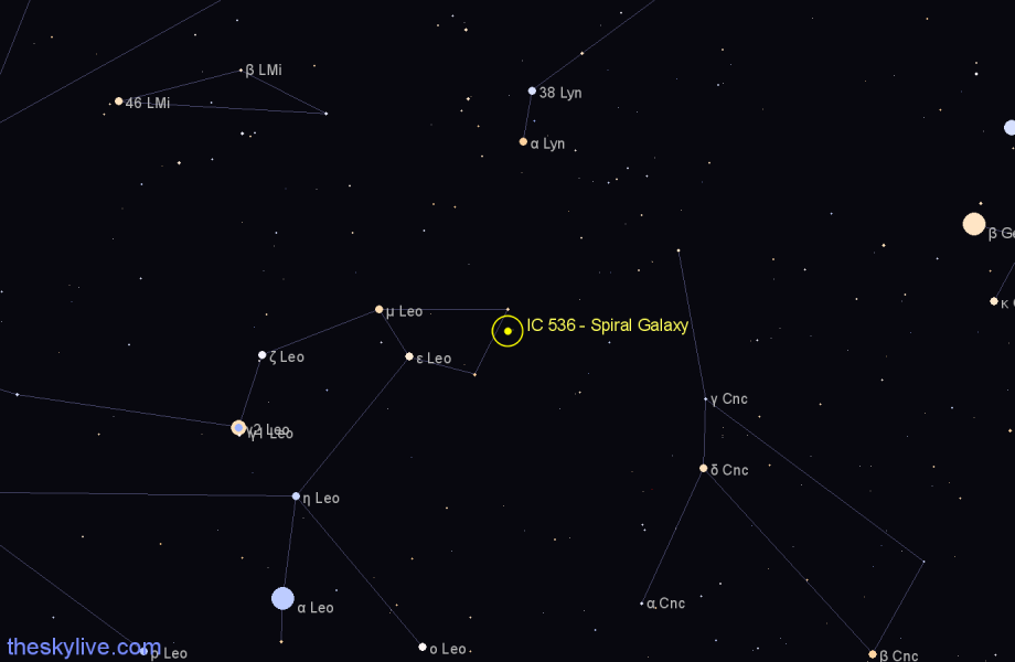 Finder chart IC 536 - Spiral Galaxy in Leo star