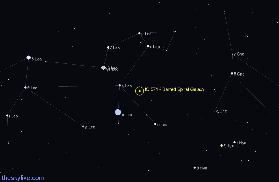Finder chart IC 571 - Barred Spiral Galaxy in Leo star